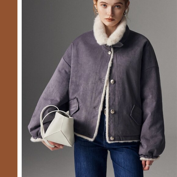 Two-in-One Gray Suede Reversible Short Coat - Picture 8 of 9